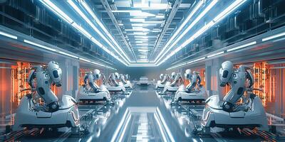 ai généré. ai génératif. automobile usine voiture production par des robots futur technologie. graphique art photo