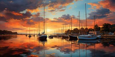 ai généré. ai génératif. la nature Extérieur paysage de yacht Marin bateau navire à Dock Port port. vacances se détendre paysage Contexte ambiance. graphique art photo