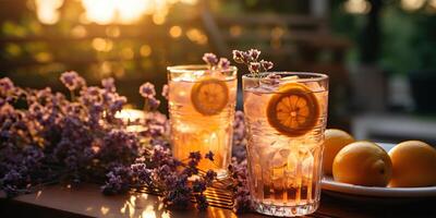 ai généré. ai génératif. lavande des cocktails avec plante fleur. rafraîchir boisson boisson dans verre sur coucher de soleil soir sur bois tableau. fête famille ambiance. graphique art photo