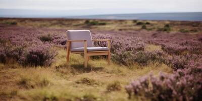 ai généré. ai génératif. confortable en bois bras chaise confortable sur le la nature Extérieur sauvage champ. vacances se détendre ambiance. graphique art photo