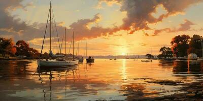 ai généré. ai génératif. la nature Extérieur paysage de yacht Marin bateau navire à Dock Port port. vacances se détendre paysage Contexte ambiance. graphique art photo