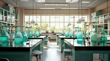 une Bien organisé chimie laboratoire avec élèves travail sur expériences. là sont plusieurs les tables photo