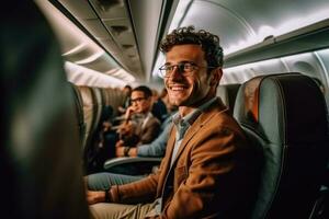 une souriant Jeune homme séance sur un avion suivant à une fenêtre photo