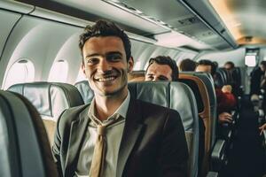 souriant homme d'affaire assise sur un avion photo