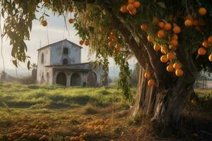 des oranges croissance sur arbre dans de face de vieux bâtiment photo