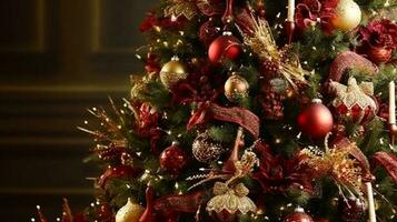 Noël arbre avec classique ornements et décorations, Anglais pays maison et chalet style, joyeux Noël et content vacances vœux, génératif ai photo