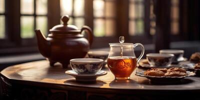 ai généré. ai génératif. traditionnel classer ancien rétro la cérémonie chinois Asie te théière tasse table rituel en bois tableau. calme interne paix se détendre boisson temps ambiance. graphique art photo