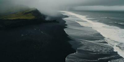 ai généré. ai génératif. Islande aérien air drone voir. Coût plage océan vague doubler. noir le sable paysage. aventure la nature Voyage ambiance. graphique art photo