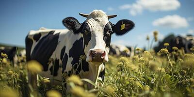 ai généré. ai génératif. vache animal visage frontal marrant portrait à vert champ cultiver. paysage agriculture la nature Extérieur village vivre style. graphique art photo