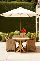 moderne chalet jardin meubles, Extérieur décor et campagne maison patio terrasse chaises et table avec parapluie, pays style, génératif ai photo