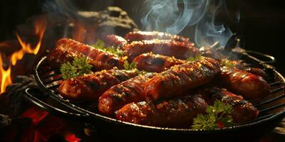 ai généré. ai génératif. un barbecue gril barbecue steak beed porc saucisses sur Feu préparer Viande aliments. fête jardin restaurant ambiance. graphique art photo