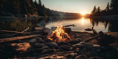 ai généré. ai génératif. Extérieur la nature sauvage paysage feu feu de camp camp flamme se détendre refroidissement Lac plage côté. aventure voyage se détendre ambiance. graphique art photo