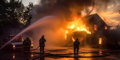 ai généré. ai génératif. Feu sapeur pompier mettre sur l'eau sur Feu flamme maison. de motivation héros difficile travail. graphique art photo