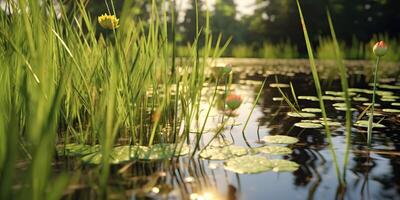 ai généré. ai génératif. photo illustration de étang carex à Lac mer rivière l'eau. plante flore fleurir. graphique art