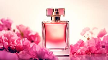 luxueux floral flairer, fragrance bouteille et rose fleurs, parfum commercial dans fleur jardin, sur mesure parfumerie et beauté produit vente, génératif ai photo