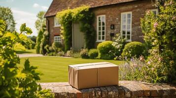 postal service, Accueil livraison et en ligne achats, parcelle boîte sur une maison seuil de porte dans le campagne, génératif ai photo