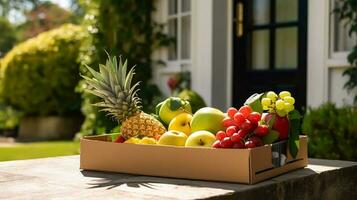 nourriture livraison, postal un service et en ligne épicerie achats, fruit boîte avec Frais biologique des fruits de une local ferme sur une maison seuil de porte dans le campagne, génératif ai photo