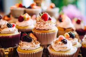 petits gâteaux, Gâteaux, scones et muffins et vacances décoration en plein air à le Anglais pays style jardin, sucré desserts pour mariage, anniversaire ou fête fête, génératif ai photo