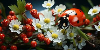 ai généré. ai génératif. coccinelle coccinelle sur saisies champ. insecte la nature Extérieur paysage Contexte fleur feuille et bogue. graphique art photo