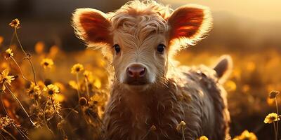 ai généré. ai génératif. magnifique Jeune titre veau sur tournesol champ à le coucher du soleil. la nature paysage ferme vache animal ambiance. graphique art photo