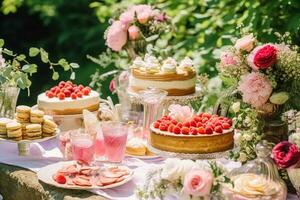 mariage buffet tableau, un événement dessert nourriture restauration pour mariage, fête et vacances fête, Gâteaux, bonbons et desserts dans une pays jardin, génératif ai photo