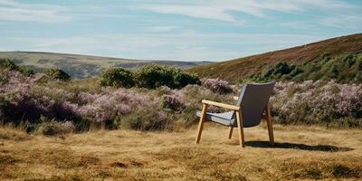 ai généré. ai génératif. confortable en bois bras chaise confortable sur le la nature Extérieur sauvage champ. vacances se détendre ambiance. graphique art photo