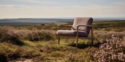 ai généré. ai génératif. confortable en bois bras chaise confortable sur le la nature Extérieur sauvage champ. vacances se détendre ambiance. graphique art photo