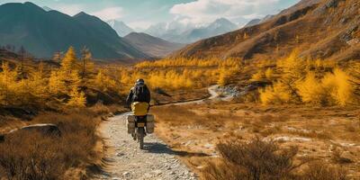 ai généré. ai génératif. Montagne bicyclette cyclisme actif en forme sport aventure voyage avec bagage. graphique art photo