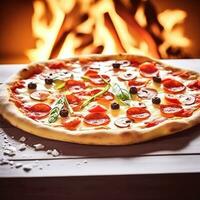 Pizza capricciosa fait maison avec Feu dans le four, en ligne livraison de pizzeria, prendre une façon et italien vite nourriture, génératif ai photo