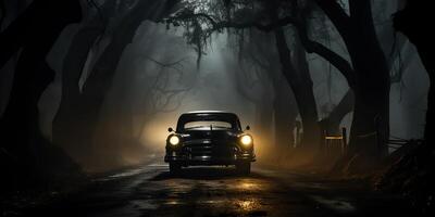 ai généré. ai génératif. ancien rétro classique voiture sur route brouillard brouillard forêt arbre la nature Extérieur foncé gothique effrayant Halloween ambiance. graphique art photo