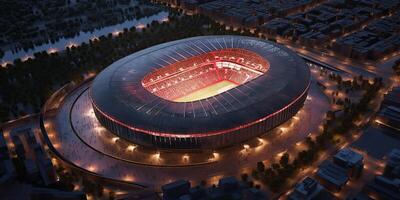 ai généré. ai génératif. aérien drone air vue de arène stade sport Football football jeu. nuit bâtiment dans lumières. graphique art photo