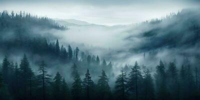 ai généré. ai génératif. aventure Extérieur la nature brouillard brouillard des nuages forêt des arbres paysage Contexte sauvage explorer. graphique art photo