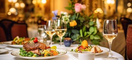 luxe nourriture service, principale cours servi à une restaurant ou formel dîner un événement dans classique Anglais style dans le luxueux Hôtel ou pays domaine, génératif ai photo