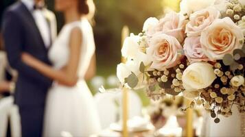 mariage la cérémonie et fête, la mariée et jeune marié à une magnifique Extérieur lieu sur une ensoleillé jour, luxe mariage décor avec fleurs et de mariée bouquet, génératif ai photo