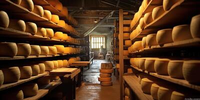 ai généré. ai génératif. fromage fabrication usine entrepôt espace de rangement Frais nourriture repas chèvre vache produit. graphique art photo