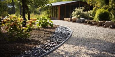 ai généré. ai génératif. beau paix marcher sentier chemin route avec la tombe et chênes autour. vert parc jardin paysage aventure vacances. graphique art photo