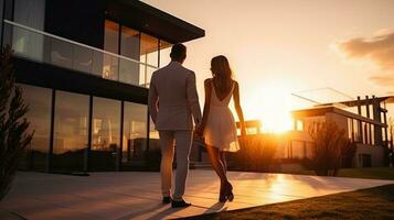 magnifique Jeune couple à l'extérieur maison à le coucher du soleil photo