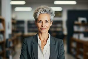 une affaires femme permanent dans une gris costume dans le Bureau photo