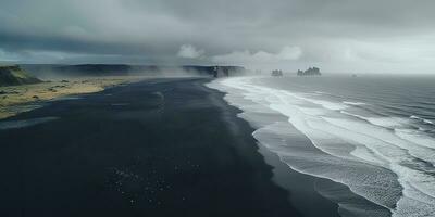 ai généré. ai génératif. Islande aérien air drone voir. Coût plage océan vague doubler. noir le sable paysage. aventure la nature Voyage ambiance. graphique art photo