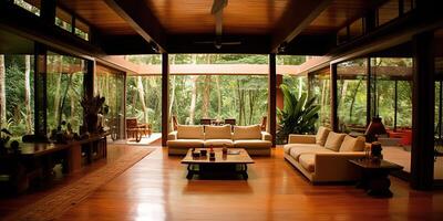 ai généré. ai génératif. à l'intérieur conception architecture intérieur forêt jungle maison pièce avec luxe élégant conception. graphique art photo