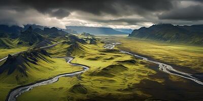 ai généré. ai génératif. la nature Extérieur paysage sauvage beauté Montagne rivière champ drone air photo illustration. aventure Voyage vacances ambiance. graphique art