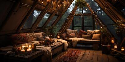 ai généré. ai génératif. moderne bois luxe tipi wigwam bungalow en bois maison Accueil Hôtel dans le forêt. vacances romantique l'amour se détendre ambiance. graphique art photo