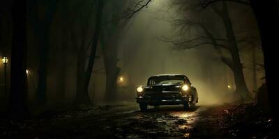 ai généré. ai génératif. ancien rétro classique voiture sur route brouillard brouillard forêt arbre la nature Extérieur foncé gothique effrayant Halloween ambiance. graphique art photo