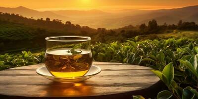 ai généré. ai génératif. tasse de vert thé avec champ vert plantation Montagne Contexte scène. graphique art photo