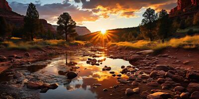 ai généré. ai génératif. désert canyon Montagne Roche colline la nature aventure paysage Voyage explorer Lac arbre vacances randonnée vibe le coucher du soleil. graphique art photo