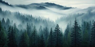 ai généré. ai génératif. aventure Extérieur la nature brouillard brouillard des nuages forêt des arbres paysage Contexte sauvage explorer. graphique art photo