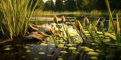 ai généré. ai génératif. photo illustration de étang carex à Lac mer rivière l'eau. plante flore fleurir. graphique art