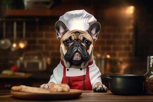 marrant image de une français bouledogue dans une chef costume, mettant en valeur culinaire humour dans le cuisine paramètre. copie espace parfait pour liés à l'alimentation projets et sur le thème du divertissement conceptions, ai génératif photo