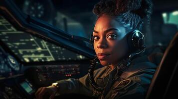 fier africain américain femelle air Obliger combattant pilote dans le cockpit de sa combattant jet - génératif ai. photo