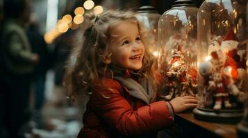 Jeune les enfants profiter le Noël décorations dans le village magasins ensemble- génératif ai. photo